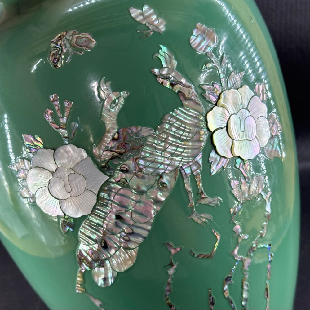 Vintage Green Enamel Over Brass Vase Mother of Pearl Inlay Peacock Bird - Picture 2 of 6
